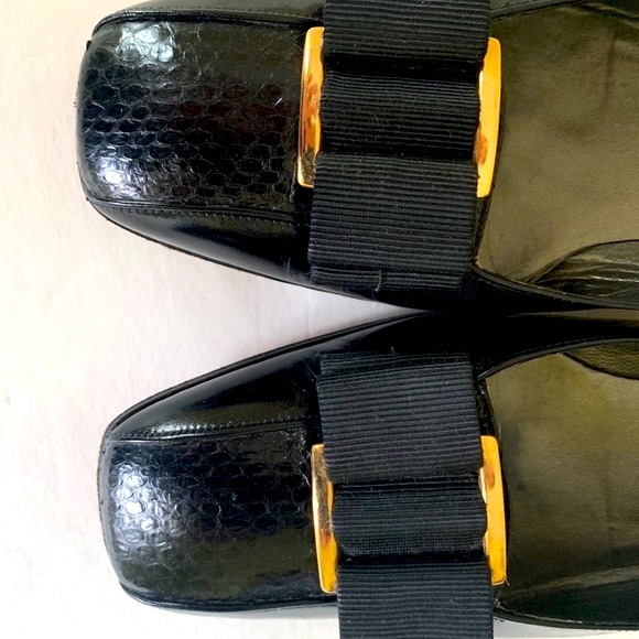 Black shiny real leather shoes with real snake skin cap toe beautiful large bow - Picture 4 of 8